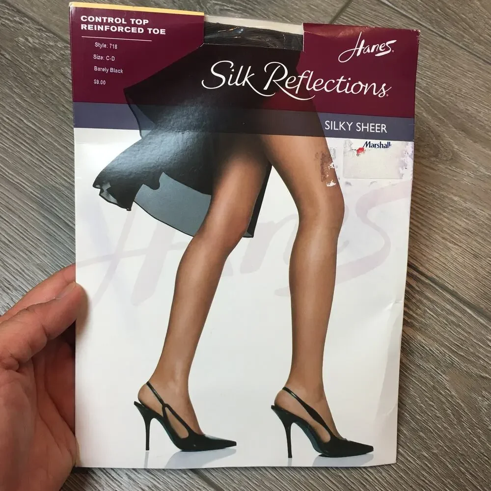 New Hanes Silk Reflections Silky Sheer Control Top Reinforced Toe C-D Barely Blk